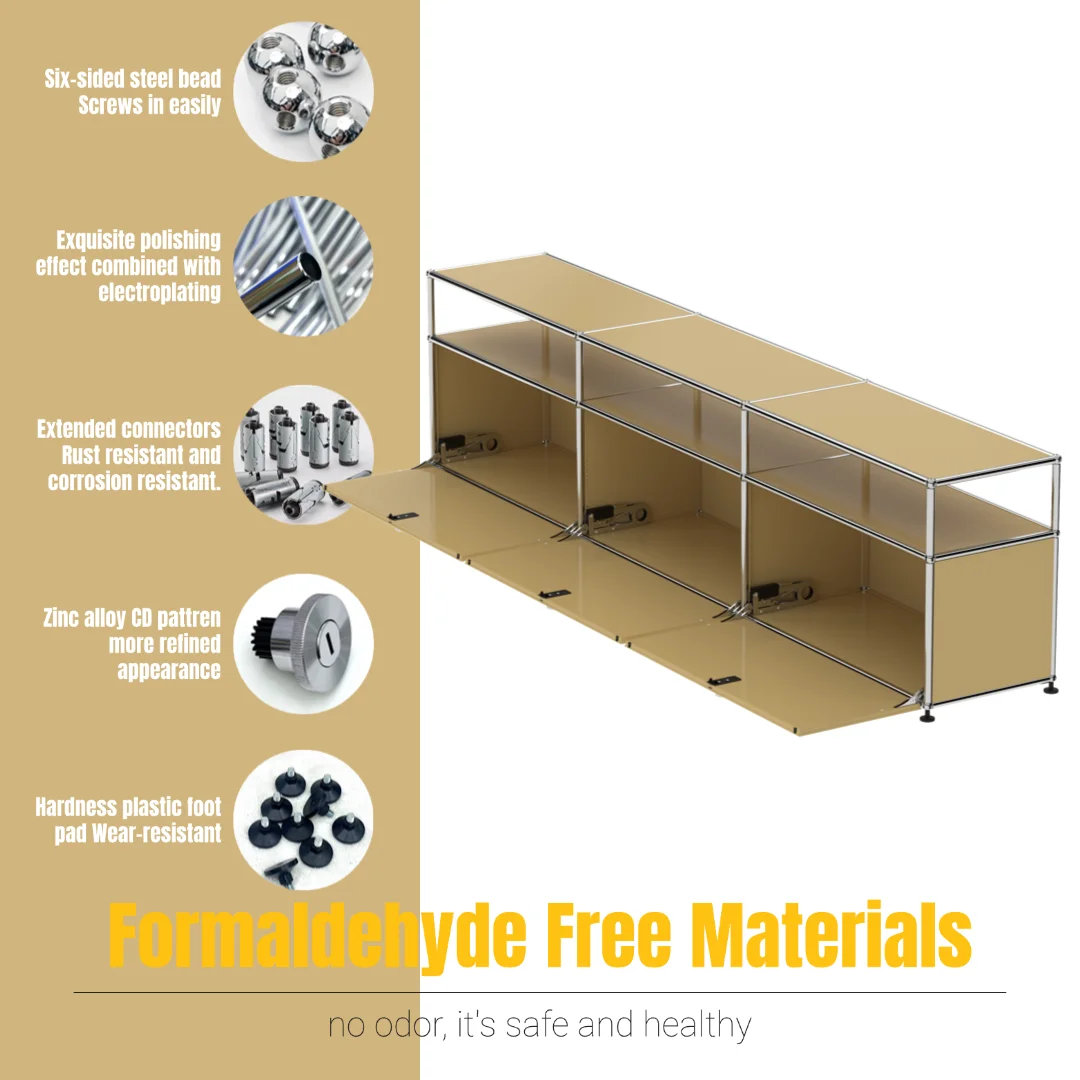 Modern Modular Low TV Cabinet｜3-Tier Sideboard with Drop Doors｜Steel Frame Storage Bench Unit | Minimalist Low Media Console view 2