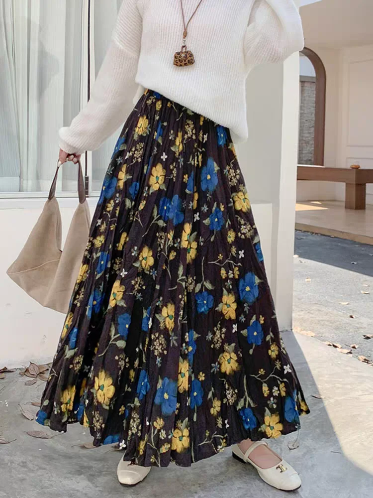 Women's Floral Print Pleated Maxi Skirts 2025 Autumn New Collection Loose Fit A-Line Skirt with Flared Hem & Large Swing
