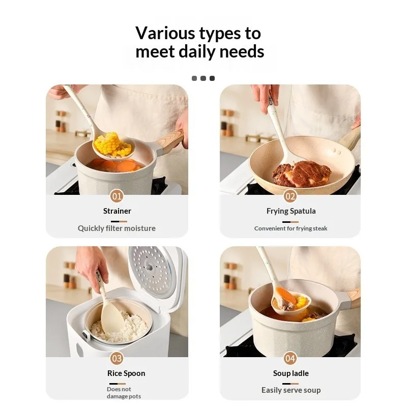 5PCS White Silicone Kitchen Utensil Set Colorful Handle Spatula Soup Ladle Slotted Spoon Turner Rice Spoon Multi Functional Tool
