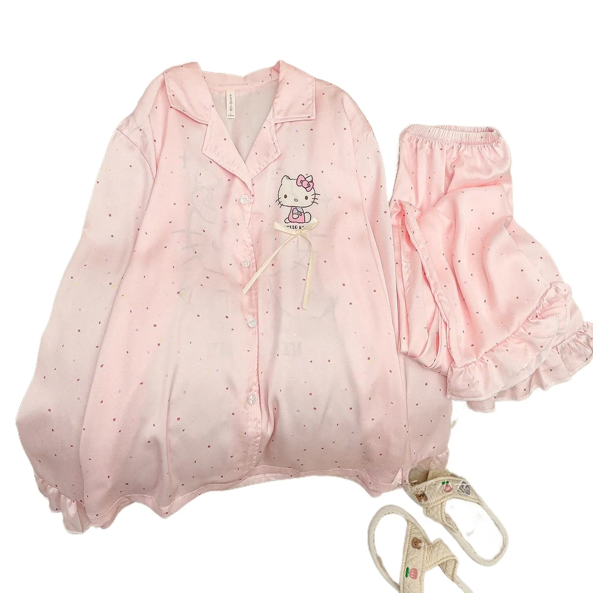 

Sweet Cute KT Hello Kitty Print Ice Silk Long Sve Spwear Set for Women Home Clothes Comfortable Soft Material Spring Autumn Use