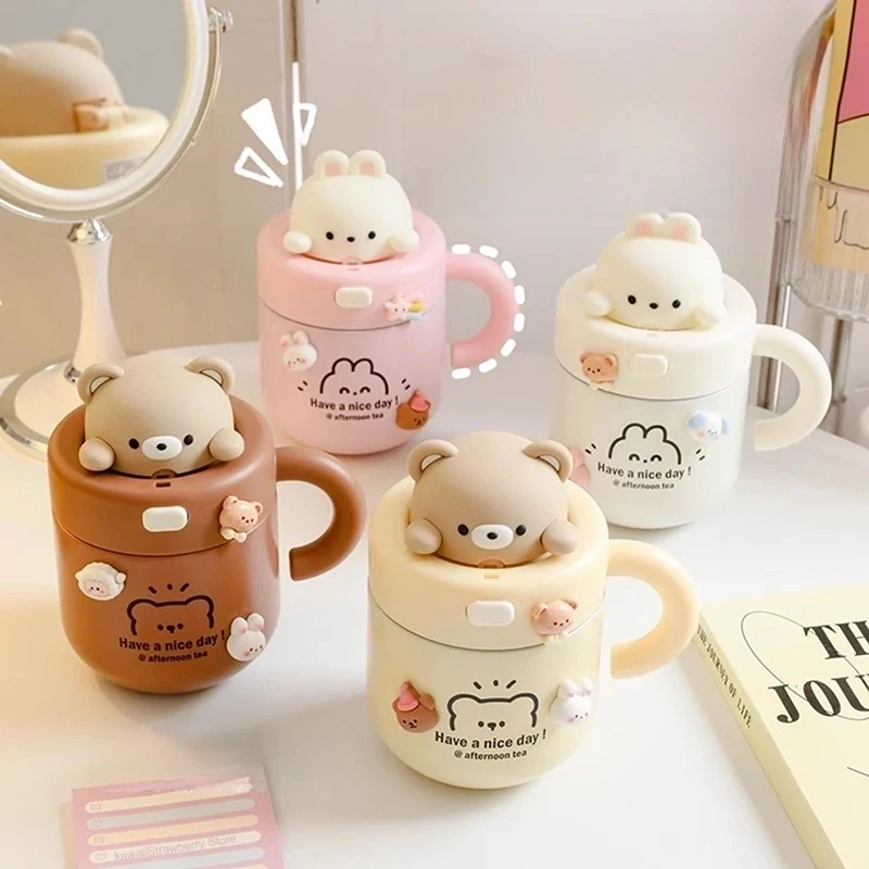 

Cute Bear Coffee Tumbler Kawaii Thermal Mug With Straw Handle Stainless Steel Drinking Bottle Thermos Water Bottles Cup For Tea