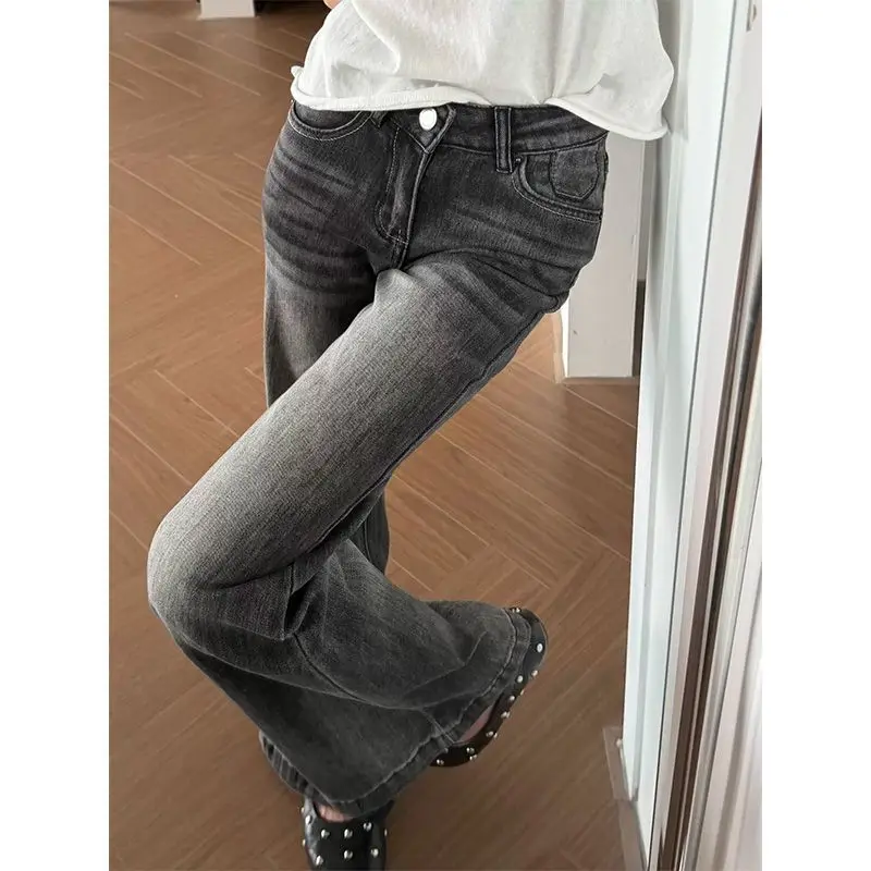 Deeptown Vintage Y2k Women Flared Jeans Low Waist 2000s Skinny Denim Trousers Gyaru Streetwear Korean Style Casual Classic Jeans