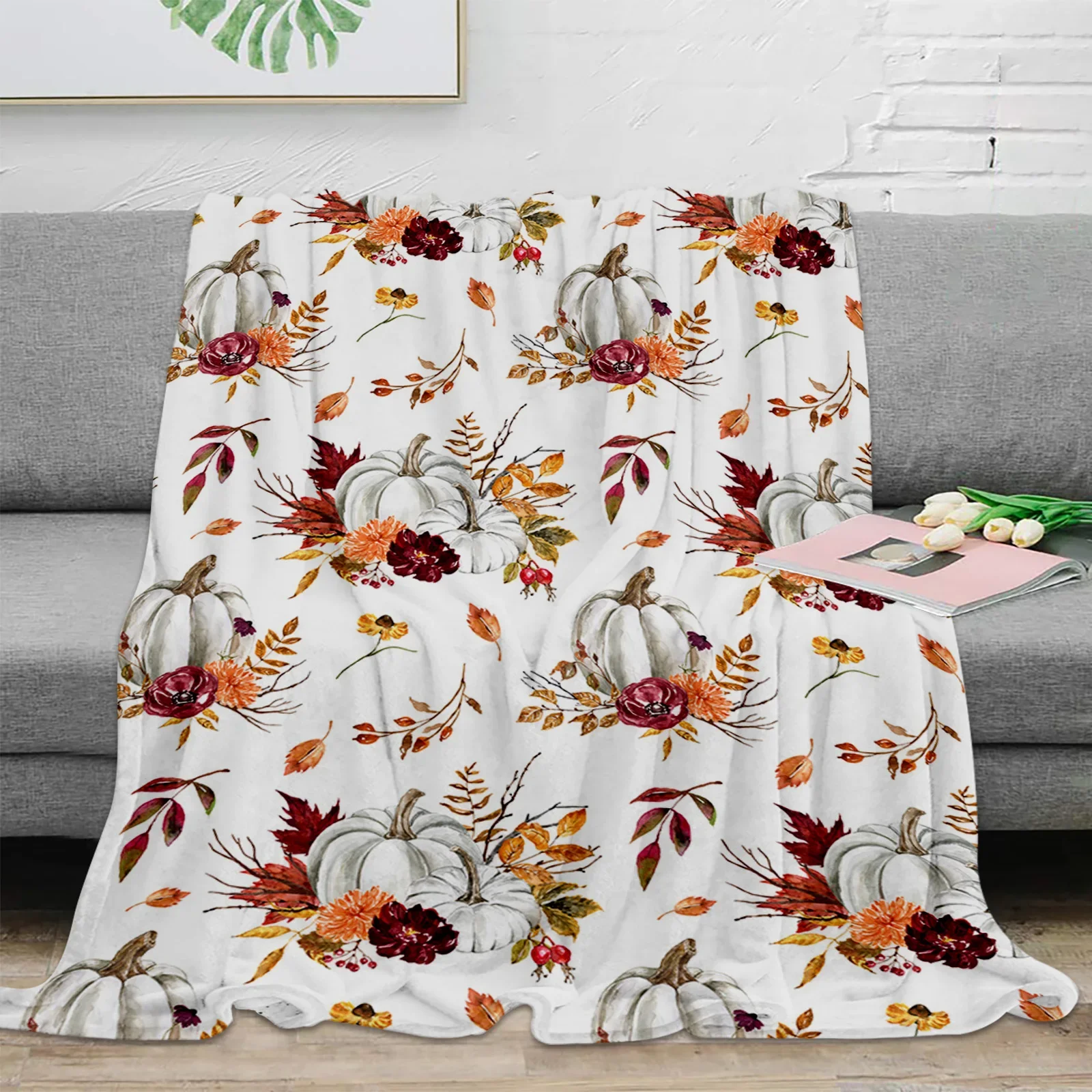 Thanksgiving Fall Pumpkin Maple Leaf Throw Blanket for Kids Warm Sofa Blanket Flannel Blanket Portable Soft Bedspread