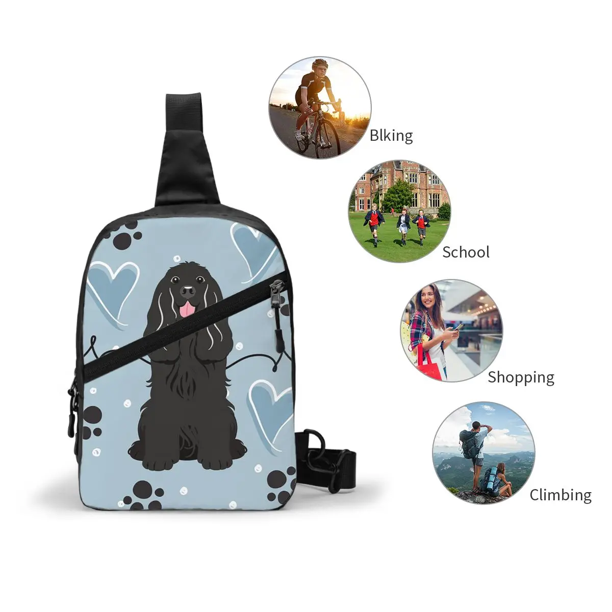 Amor preto cocker spaniel saco de peito masculino estilingue crossbody mochila saco de peito viagem caminhadas daypack bolsa de ombro