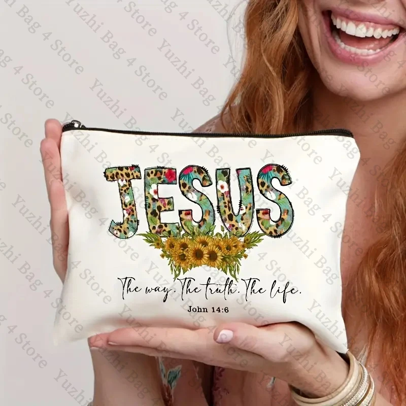 Inspirational Sunflower Leopard Print Jesus Decor Makeup Bag Christian Gifts for Women Faith Cosmetic Case Bible Scripture Decor