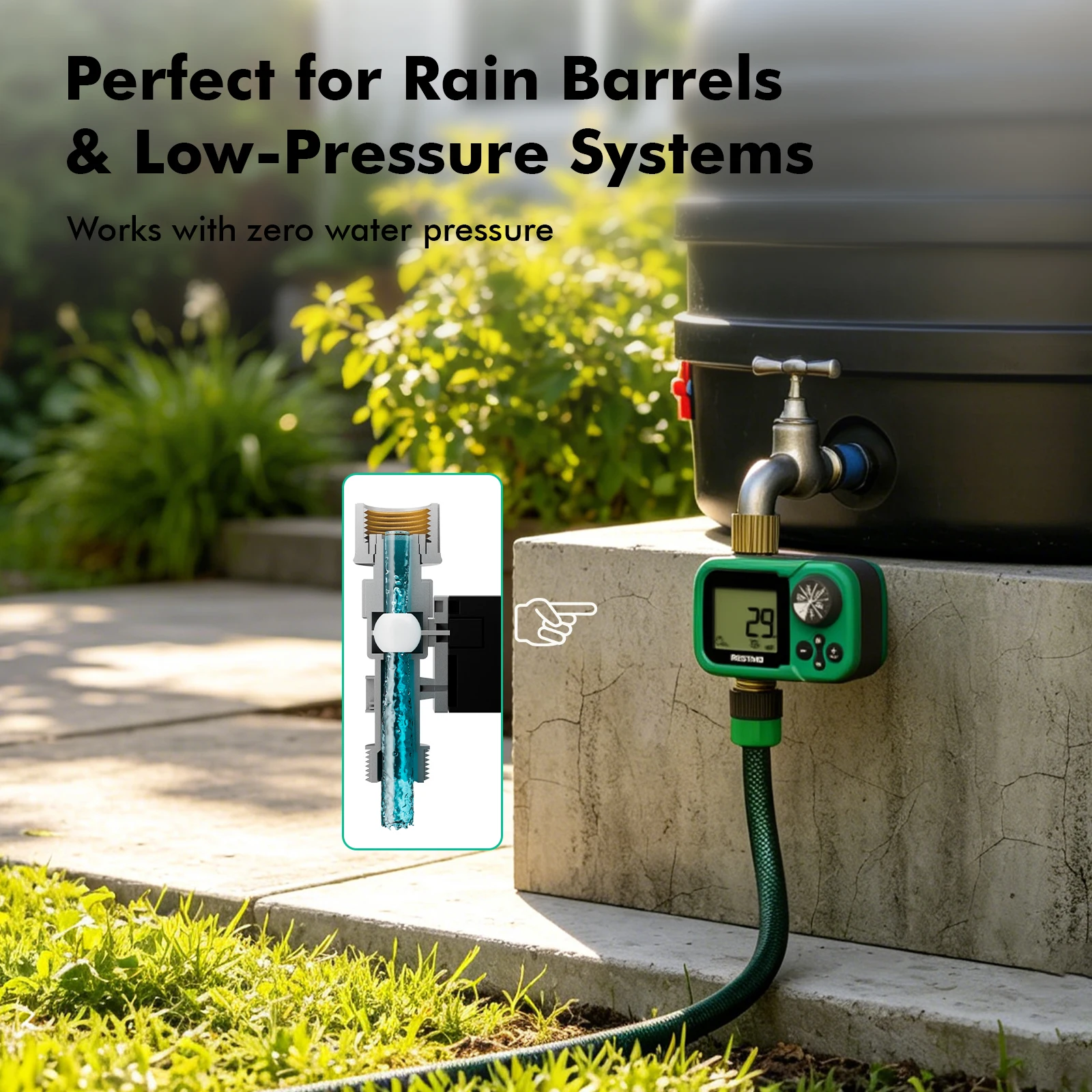 Smart Weatherproof Garden Water Timer for Rain Barrel Zero Water Pressure Rain Delay Irrigation Controller Water Saving