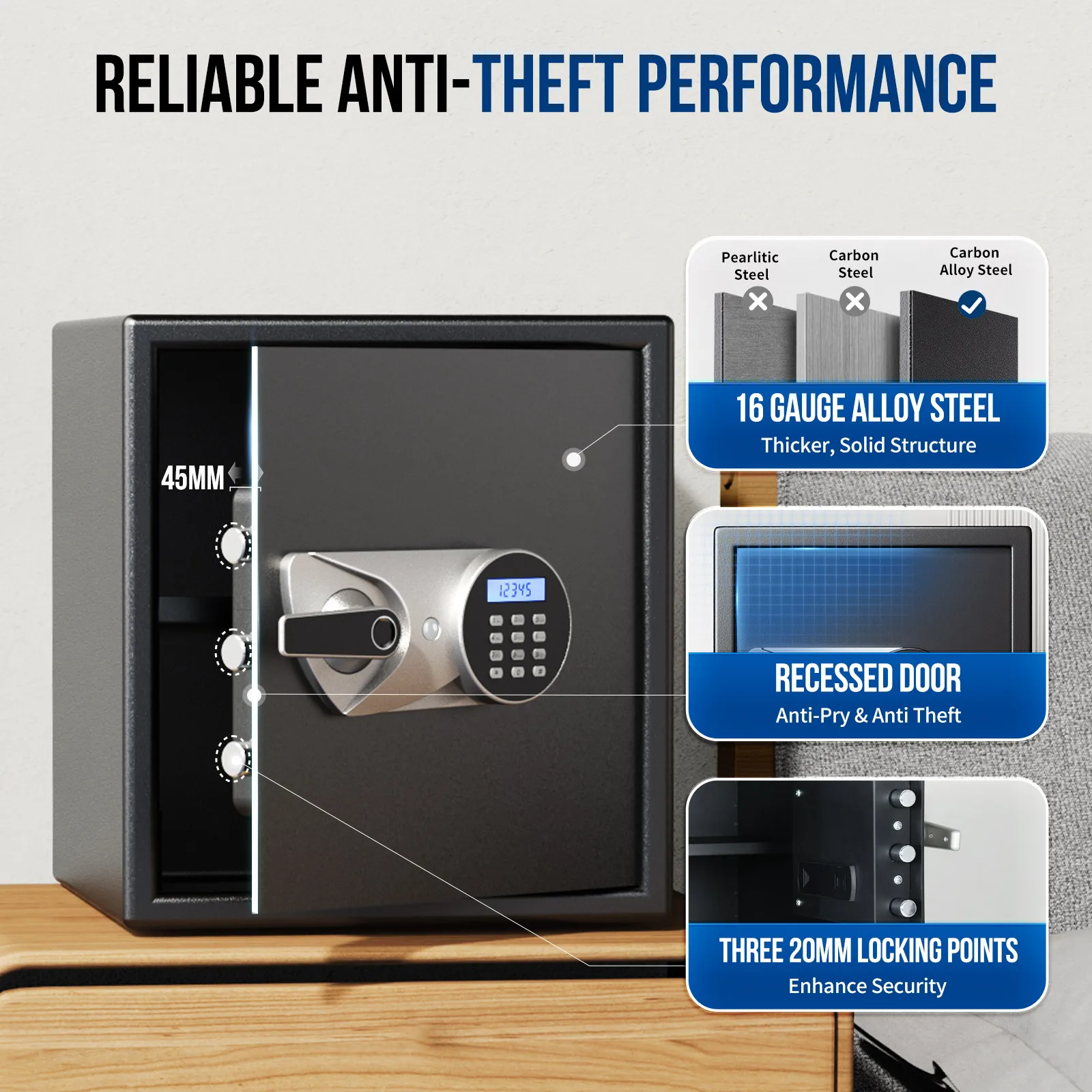 SF0603 1.2 Cubic Feet Fingerprint Locks Safe Deposit Box Combination Lock and Emergency Keys 3 IN 1  Storage Safe