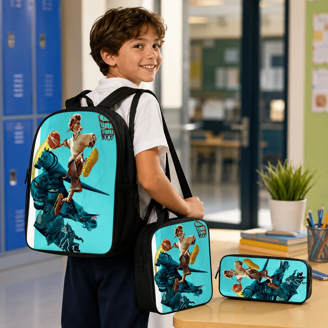 3PCS Kids School Backpack Lunch Bag Pencil Case Cartoon Goat Student Bookbag Shoulder Bags Boys Girls Birthday Gift Set