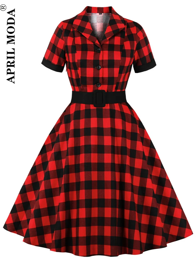 2024 Summer Casual Plaid Women Swing Dress Red Gingham Rockabilly Cotton A Line Sundress Pin Up Vintage Shirt Flare Dresses XXL