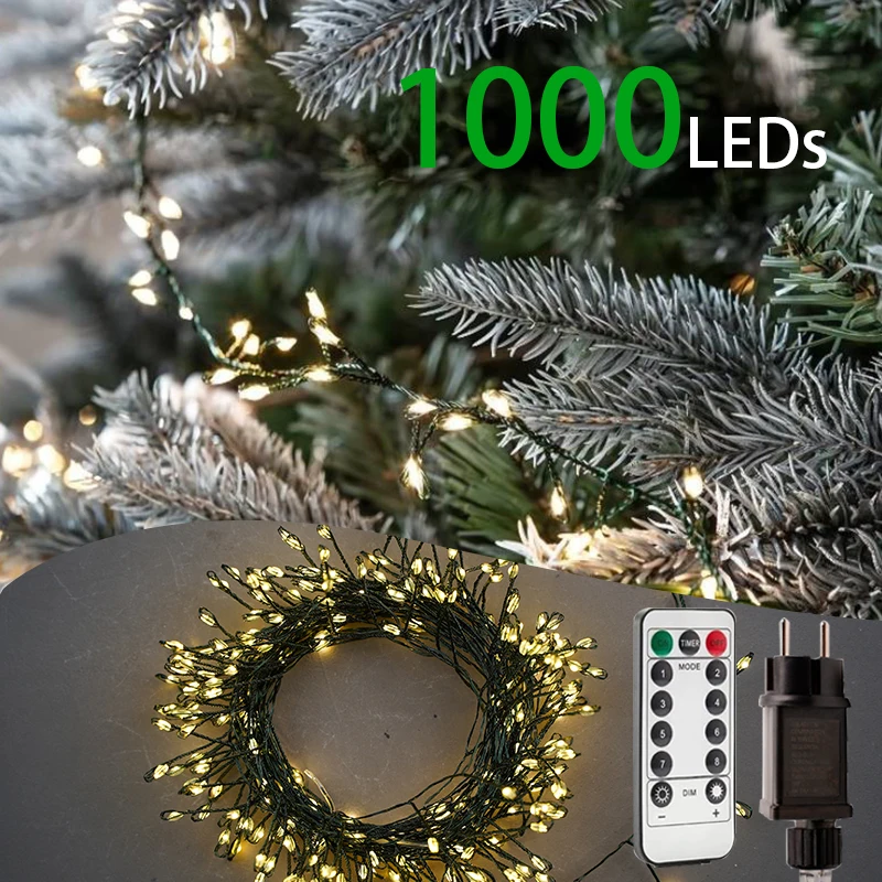 1000LEDs Cluster String Lights with Remote, 8 Modes Operated for Bedroom Wreath Party Window Wedding Christmas Tree Decoration