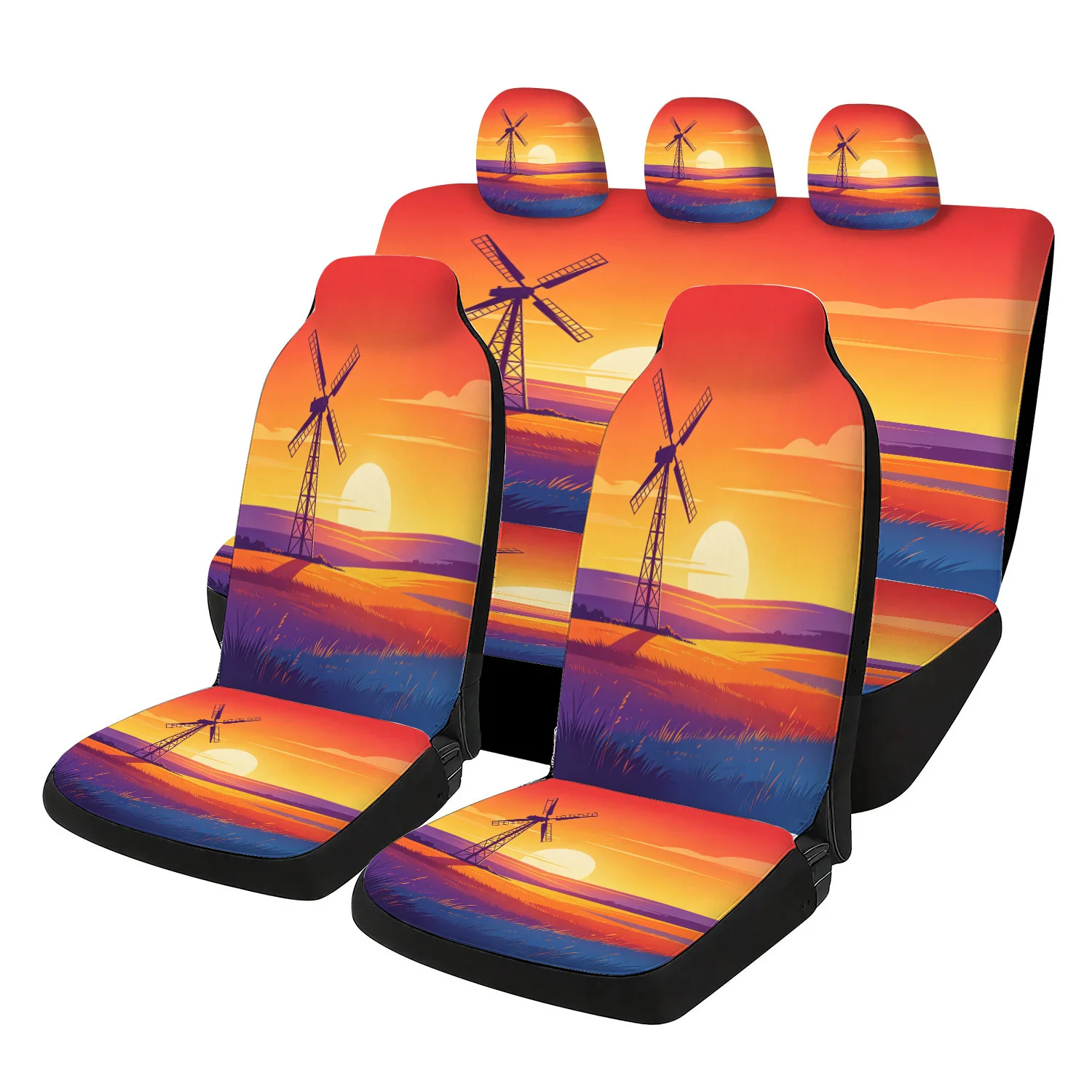 Car Seat Covers Auto Seat Protectors Universal Fit, Orange Yellow Sunset Windmill Landscape, Modern, Car SUV Truck Road Trip Dai