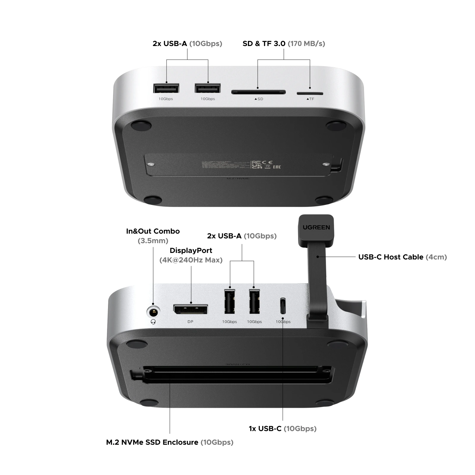 UGREEN USB HUB Mac Mini Docking Station Type-C to DP 4K240Hz M.2 NVMe SSD Slot 10Gbps USB-A Splitter SD&TF 3.5MM for Mac Mini M4