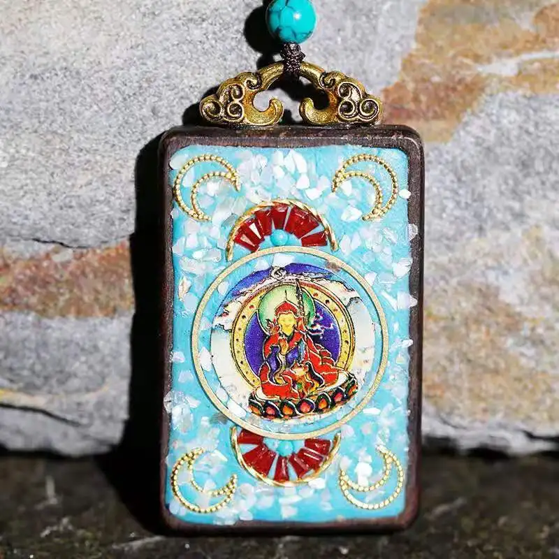 Tibetan Natal Buddha hanging Wooden Painted  Manjushri Bodhisattva Yellow God of Wealth Small  Tag