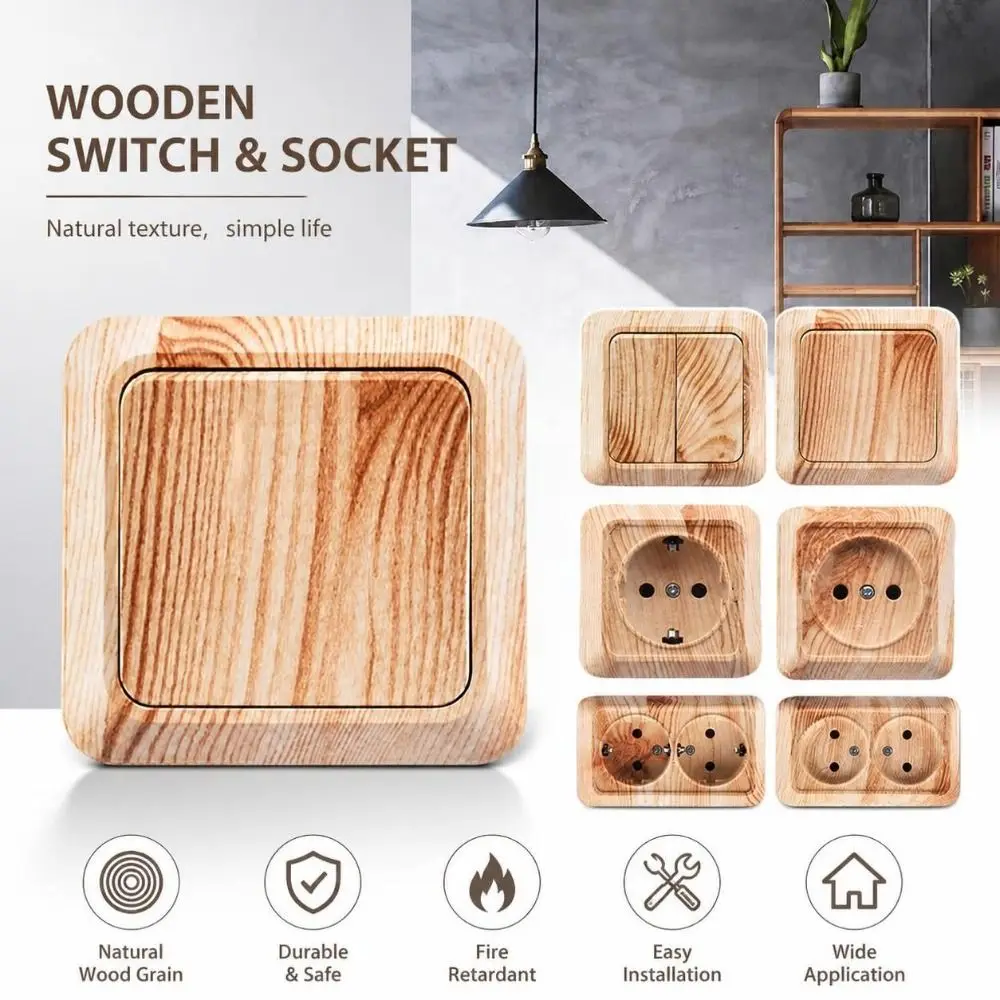 Modern Plastic Wall Switch EU Standard Square Rocker Light Switch Wood Grain Surface Mount Switch Exterior Wall