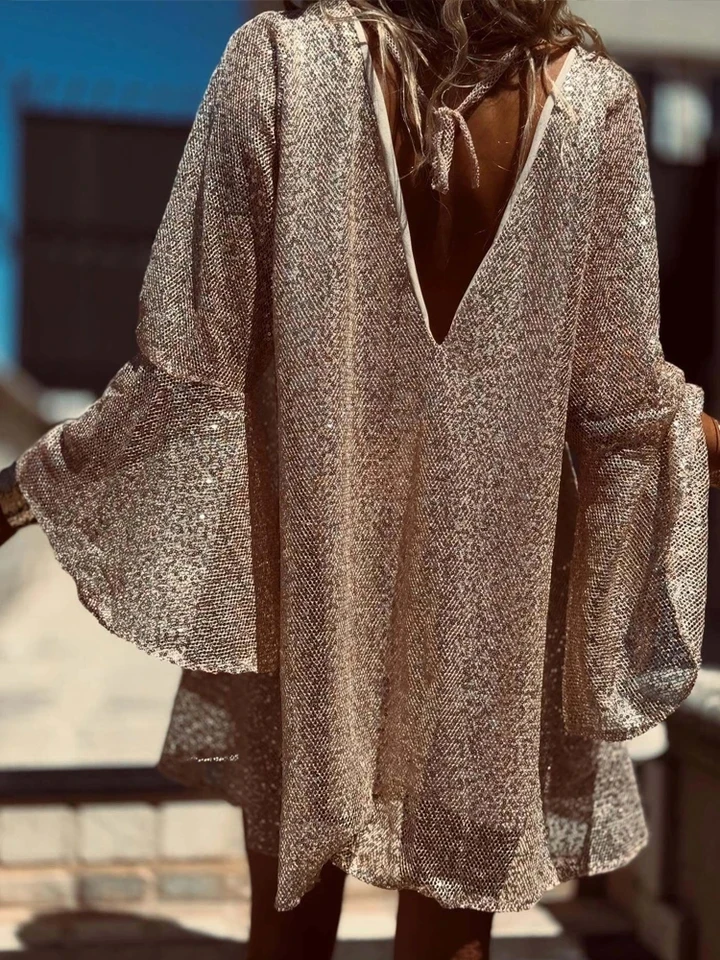 

Women Fashion Shiny Sequins Solid Mini Dress 2026 Casual Flared Sleeve Loose Party Dress Elegant Deep V-neck Draped Short Dress