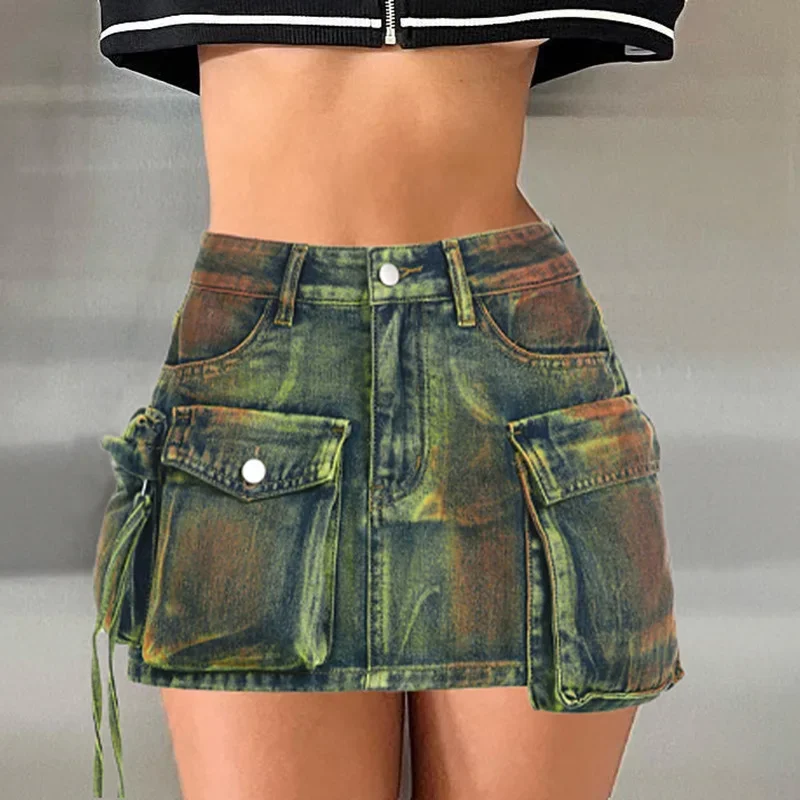 GIOIO new sexy fashion women's mini skirt denim tie-dye patchwork asymmetrical pocket zipper denim skirt streetwear