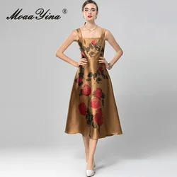 MoaaYina Autumn New Style fashionable Dress Women Spaghetti Strap Backless Rose Print Square-Neck A-Line Dresses