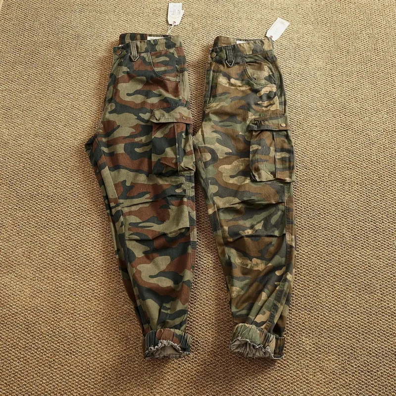 Men's Casual Camouflage Cargo Pants, Multi-Pocket Retro Jogger Pants with Drawstring at the Bottom, Streetwear Style Tactical Pa