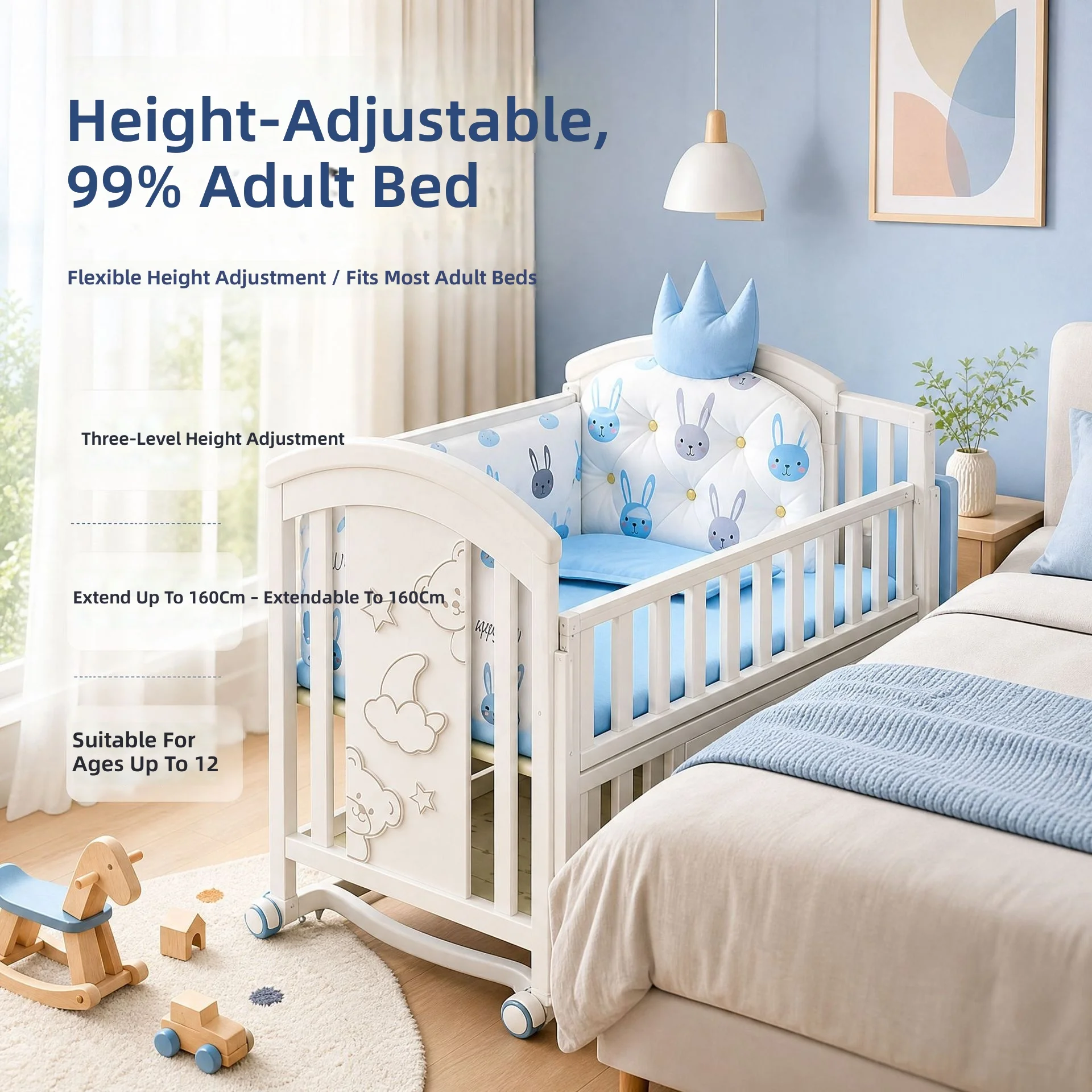 Wooden Baby Cot with Swing and Storage Multifunctional Convertible Adjustable Height Safe Toddler Bed CE Certified Infant Sleep
