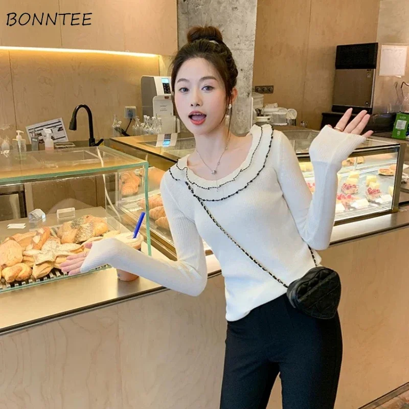 

Ruffles Knitted Pullovers Women Slim Autumn Basic Clothes All-match Temper Age-reducing Girls Streetwear Korean Style Ulzzang