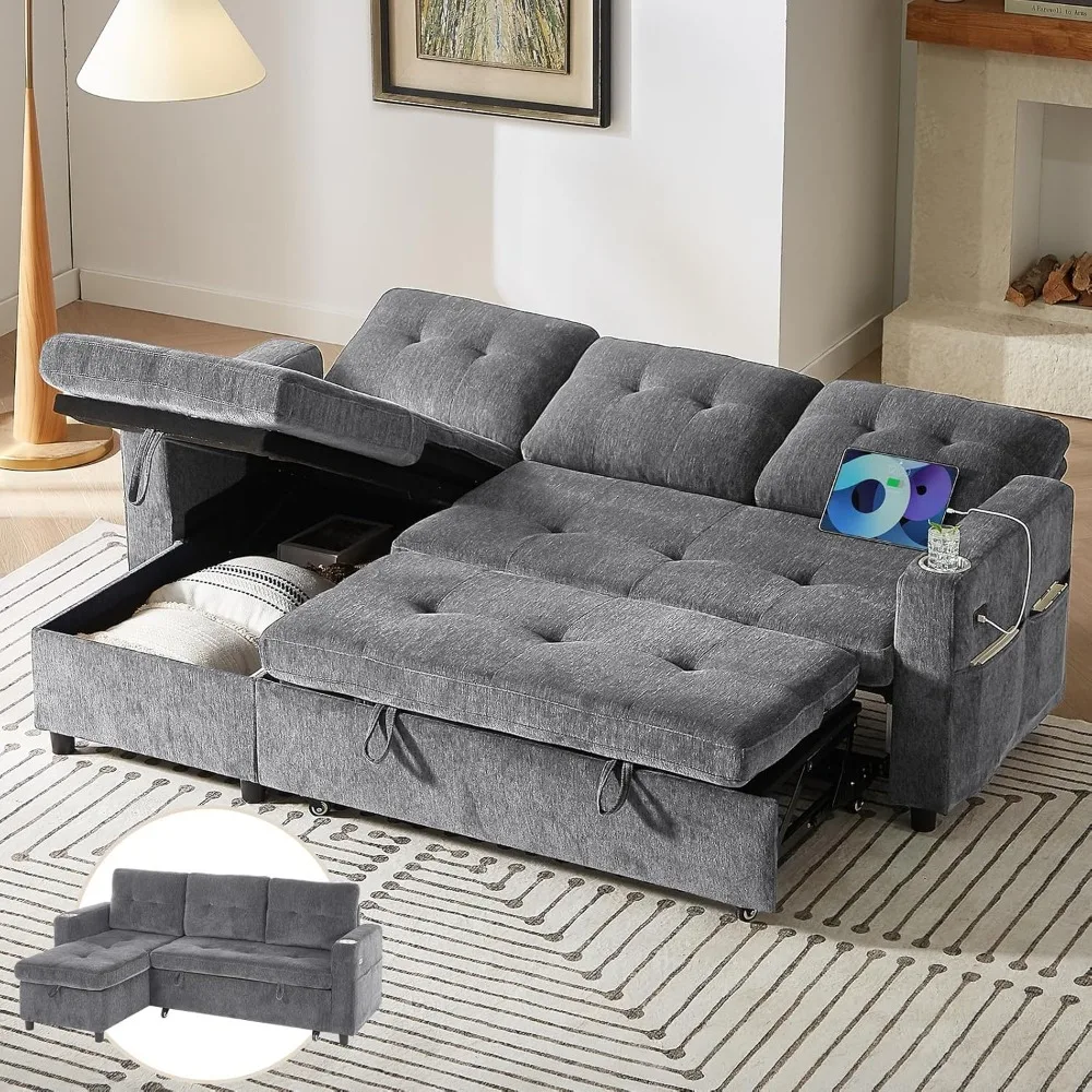 

85" Sleeper Sofa,L-Shaped Sectional Sofa Bed with Storage Chaise,Tool-Free Assembly,Reversible 3 in 1 Pull Out Couch