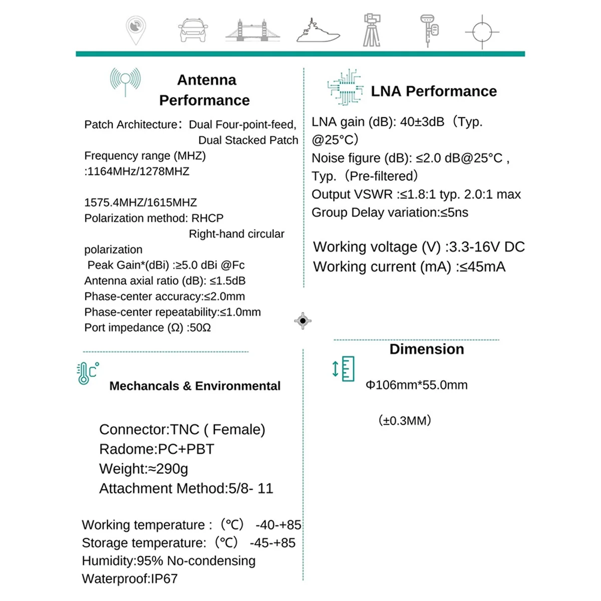 AN106 Unmanned Vehicle High-Precision Drone Measurement Full-Frequency RTK Antenna New Small High-Gain GNSS L1 L2 L5 Z