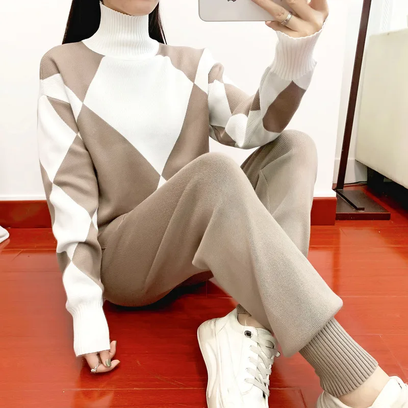 Women sweater suits sets Autumn winter Warm Set thick soft knitted sets pullovers +long Pant Casual 2 Pieces Track Suits