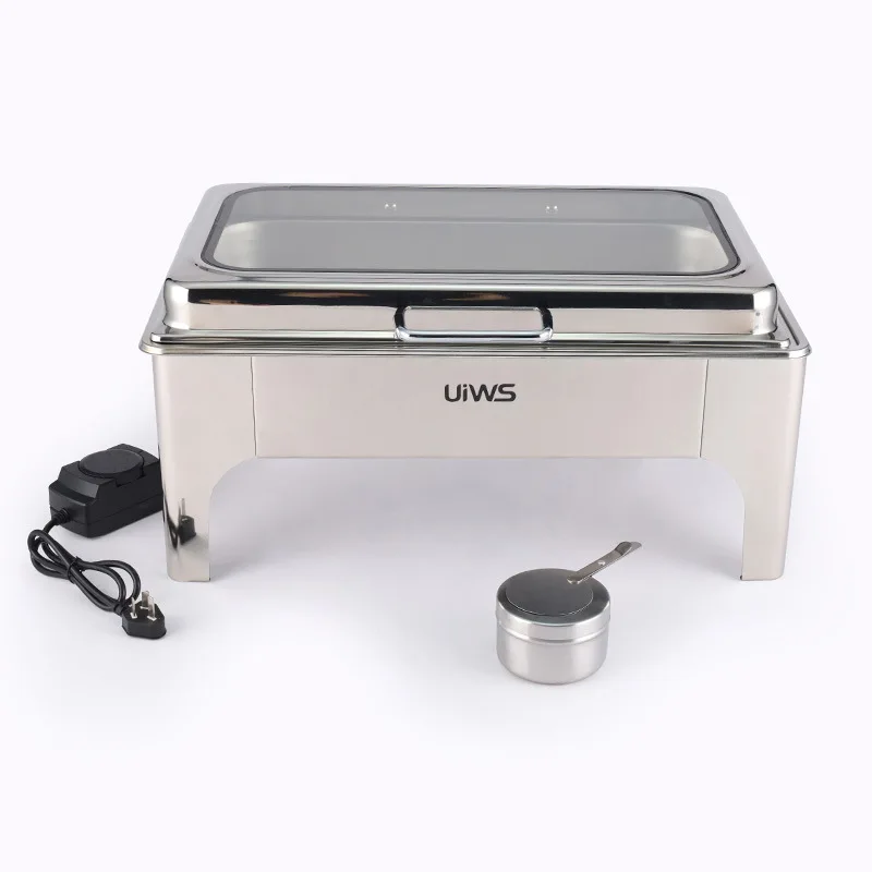 Stainless steel rectangular visual large glass cover food electric heating container alcohol furnace alcohol furnace