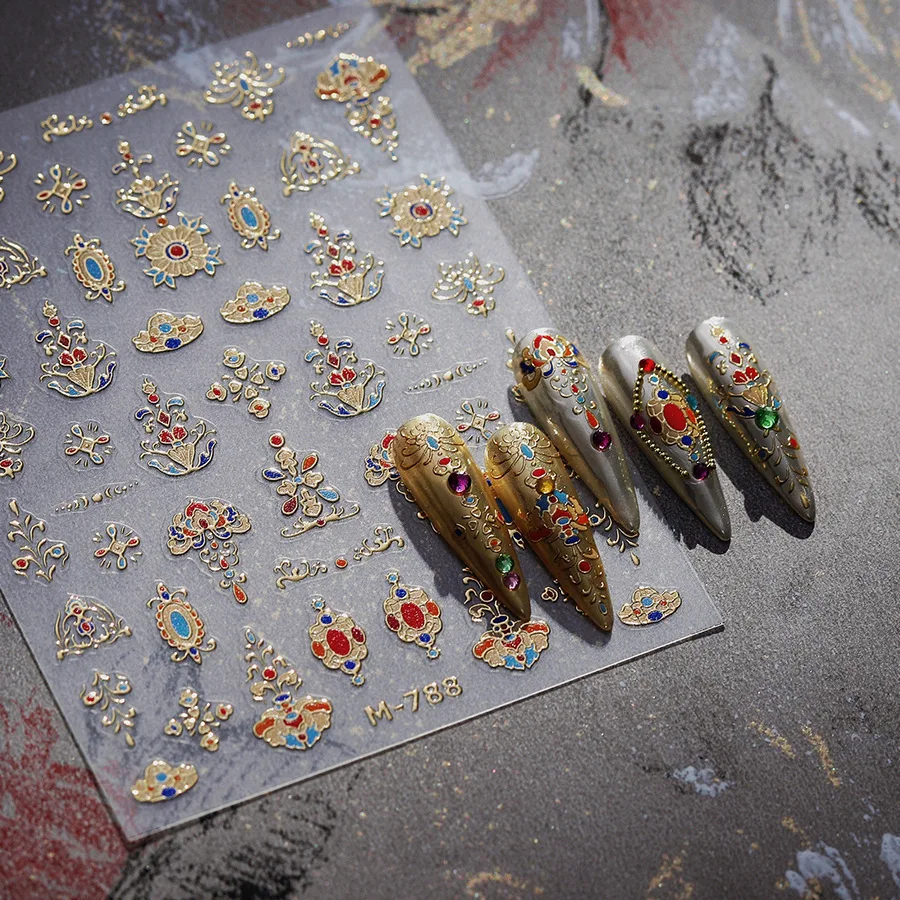 

Gold Stamping Flower Vintage Floral Pattern Totem Chinese Style 5D Retro Nail Art Stickers Embossed Self-Adhesive Manicure Decal