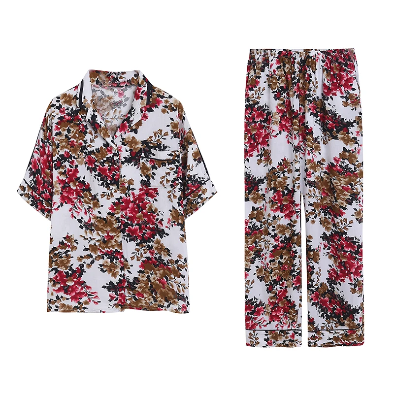 Women's Retro Print Cotton Summer Lightweight Loose Sleepwear Set Vacation Style Comfortable Skin-friendly Short Sleeve Long ...