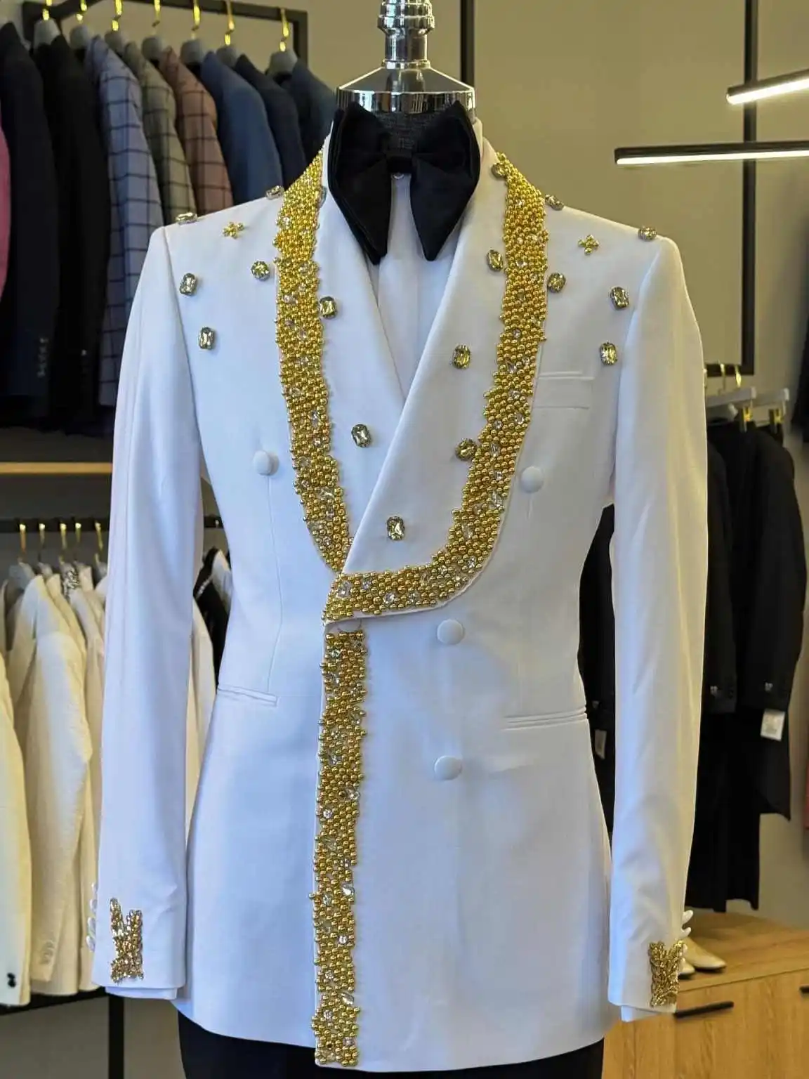 Ensemble de costumes pour hommes, cristaux exquis, Vintage, châle, revers, perles, Tuxedos, garçons d'honneur de mariage, veste à Double boutonnage, 1 pièce personnalisée