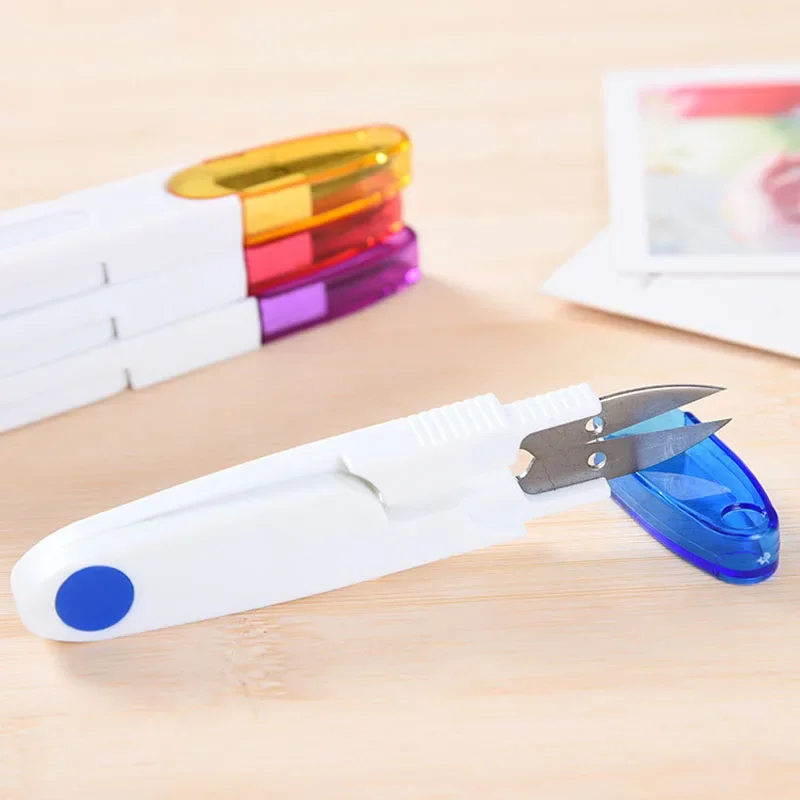 Plastic Handle Safety Cover Sewing Scissors Thread Embroidery Cross-stitch Cutter Portable Cutter Mini Spring U Shape Scissors