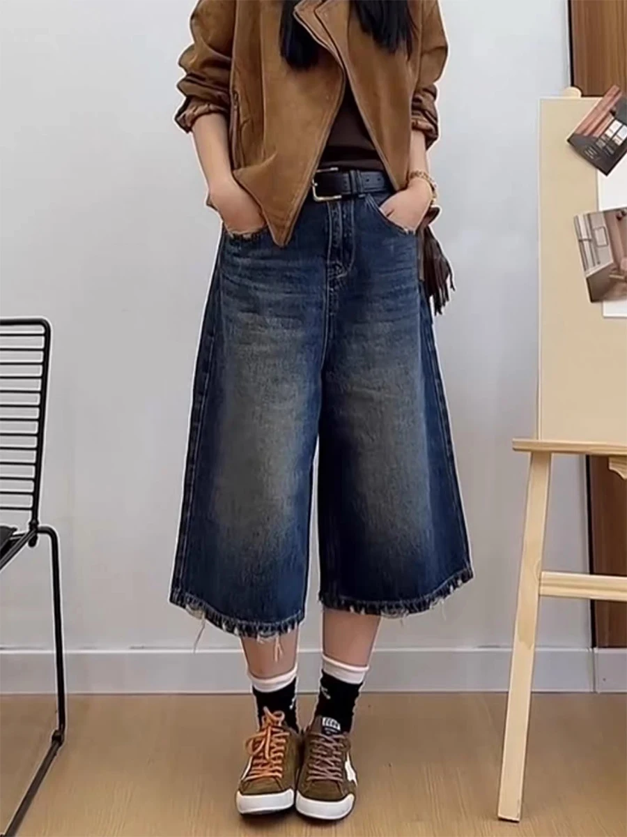 

Винтажные синие джинсовые брюки больших размеров на семь футов, женские свободные брюки с высокой талией, прямые широкие брюки, повседневные брюки, весна-осень