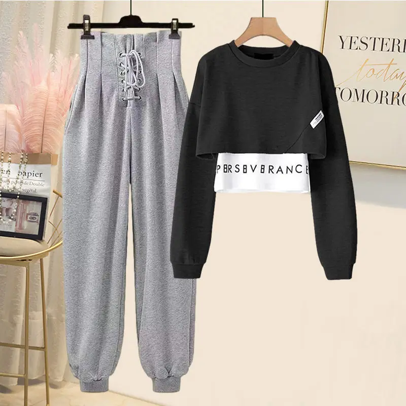 Koreaanse populaire herfst nieuwe lange mouw T-shirt hoge taille kant casual Harun broek tweedelige elegante damesbroek set