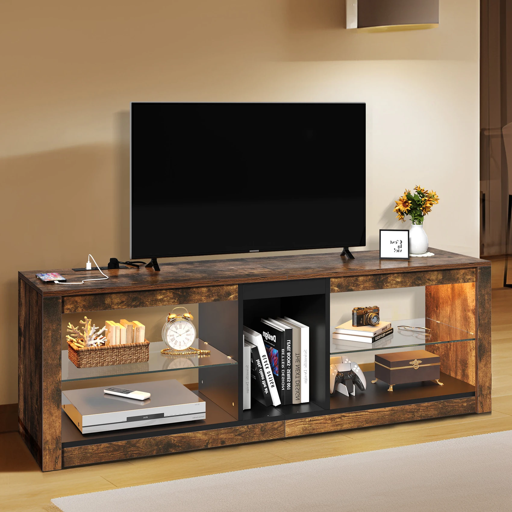 Industrial TV Stand with Power Outlets & LED Lights for 60/55/50