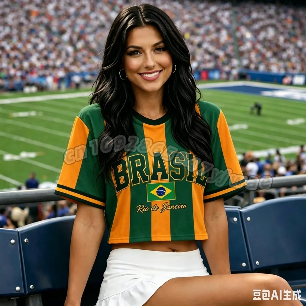 26 Women STRIPE BRAZIL Cheerleader uniforms Football Jersey Soccer Crop Top Jersey, Summer Casual Streetwear Tee For soccer fans