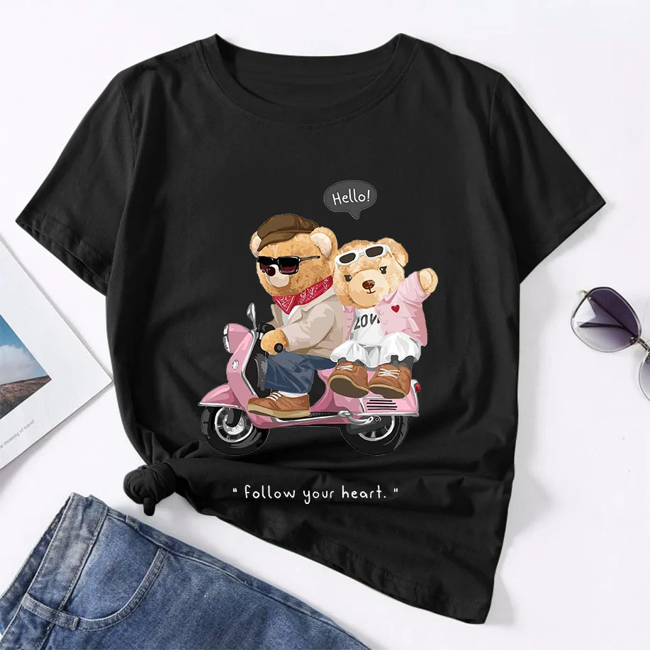 Follow Your Heart Print Teddy Bear Couple Matching Tshirt Short Sleeve O-Neck Summer Funny Graphic Tops Tee Fashion Short Sleeve