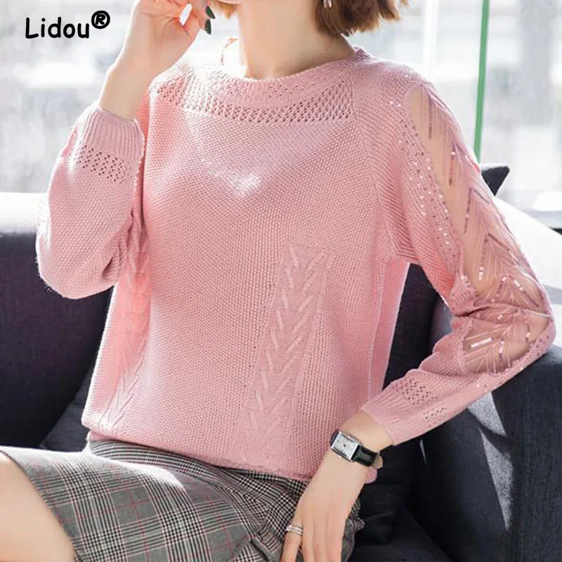 Women's O-Neck Hollow Lace Knitted Sweater, Long Sleeve Pullovers, Diamonds, Chic Korean Top, Elegant Fashion, 2024