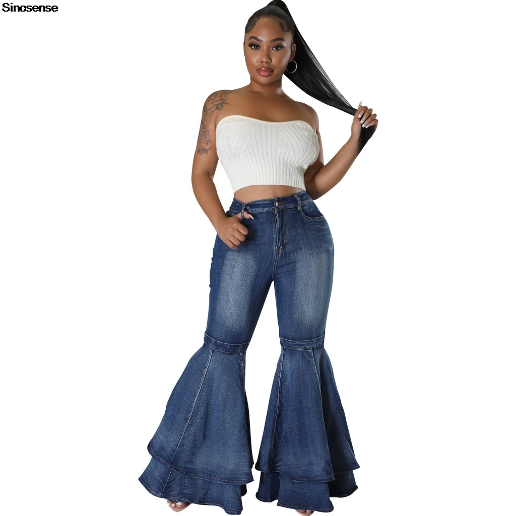 

Women's High Waisted Flare Jeans Layered Ruffle Hem Bell Bottoms Jeans Casual Daily Wear Street Date Wide Leg Denim Pant 3XL