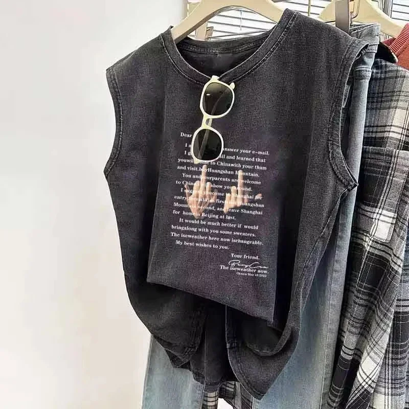 

100% Cotton Retro Washed Old Vest Trendy Korean Version Printed Loose Casual Sleeveless T-shirt for Men and Women