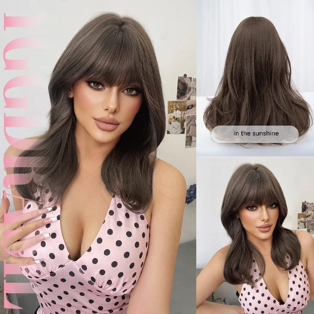 

20-дюймовый синтетический парик в винтажном стиле, цвет крутой коричневый, с челкой, средней длины, естественно волнистый, для женщин, для повседневного использования и вечеринок, термостойкий