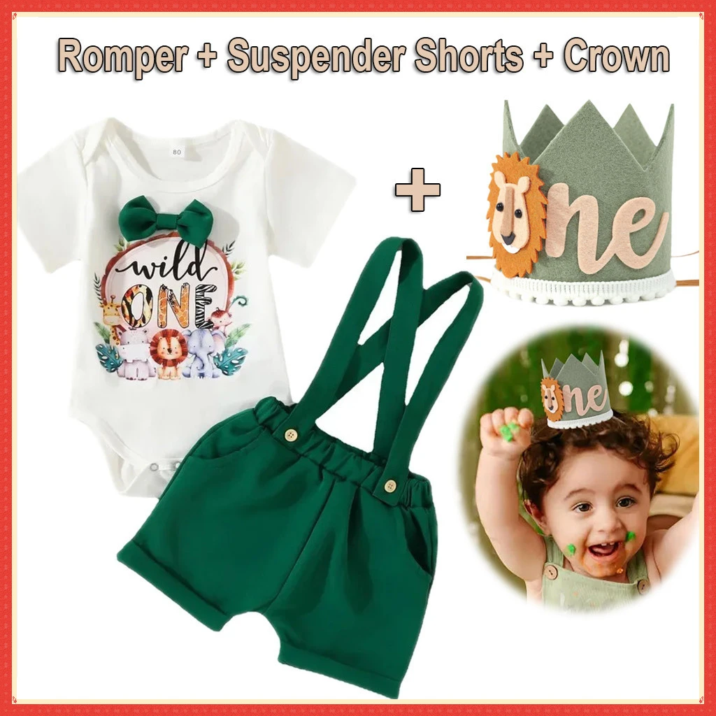 Birthday Baby Boy Clothes Cute Cartoon Animal Lion Baby Romper + Suspender Shorts + Crown Cake Smash Outfit for Photoshoot