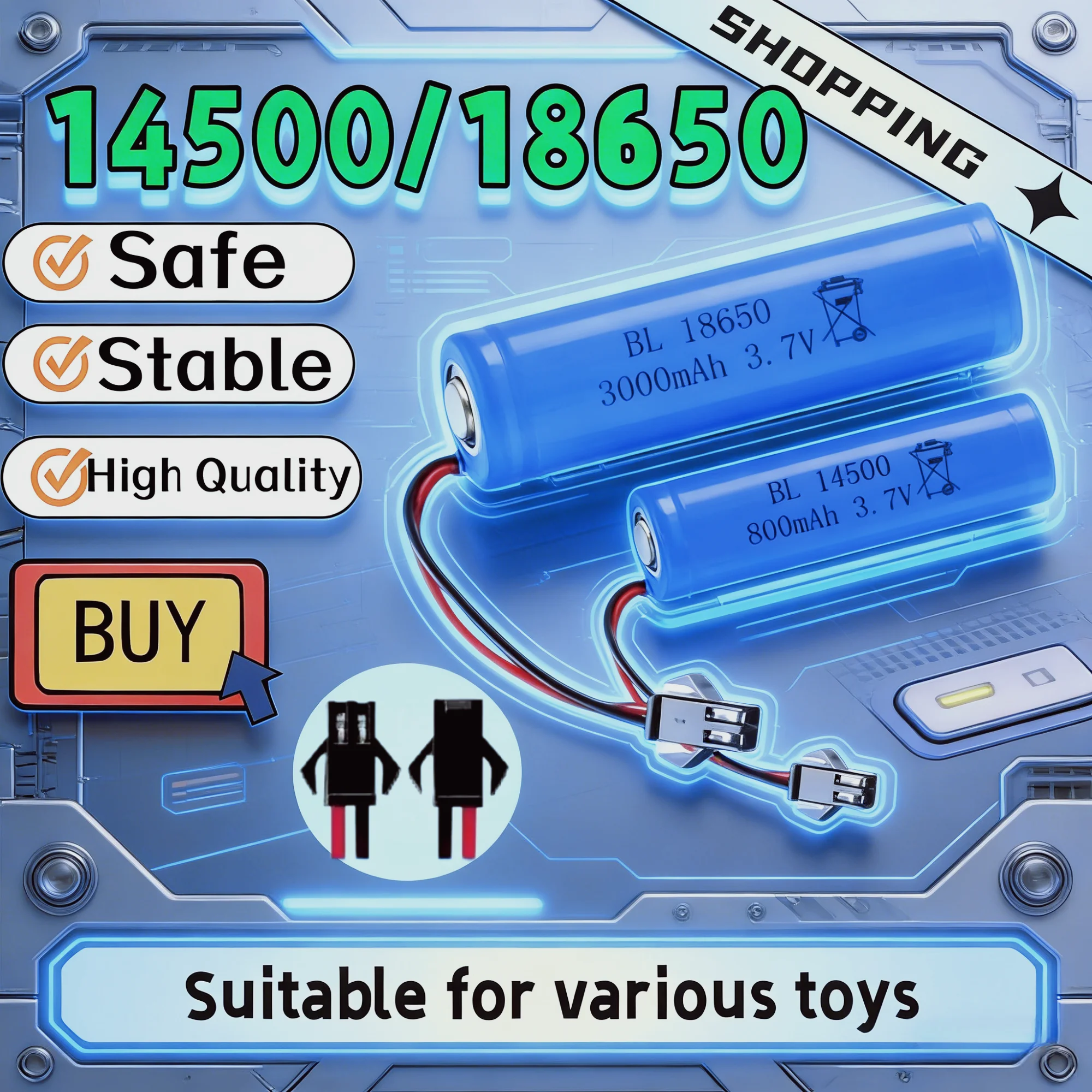 

14500 18650 3.7V Li-ion Battery High-Capacity with SM-2P Plug for RC Car, Truck, Boat, Tank Toys Upgrade