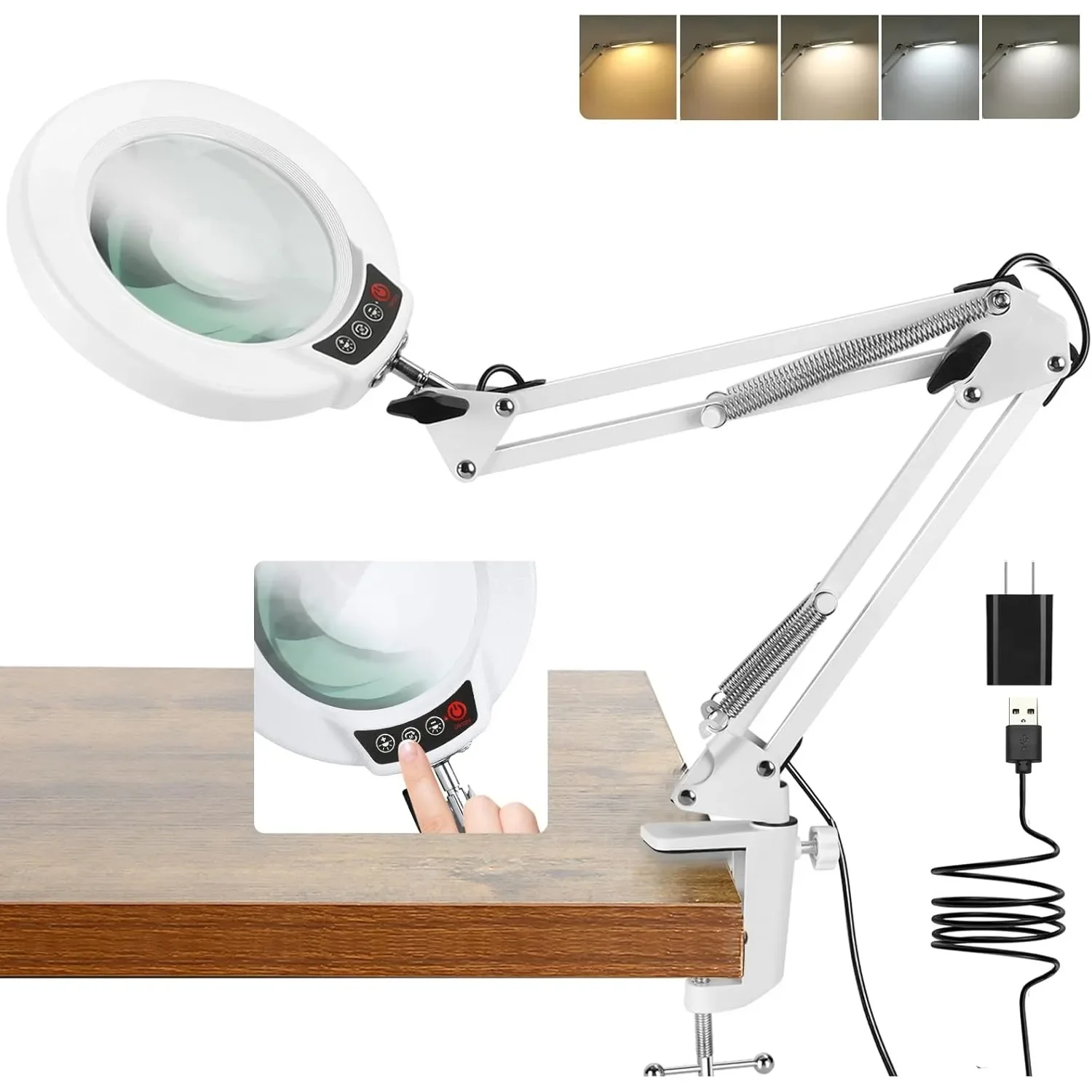 5 Color Modes Stepless Dimmable LED Desk Lamp Hands Free for Crafts Hobby Reading Painting Sewing Close Work White