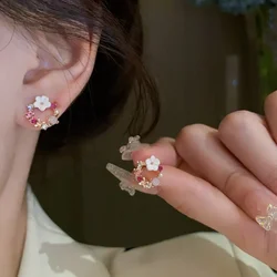 Pink Flower Leaves Imitation Pearl Rhinestone Crystal Dangle Earrings for Women Girls Fashion Party Earring Banquet Jewelry Gift