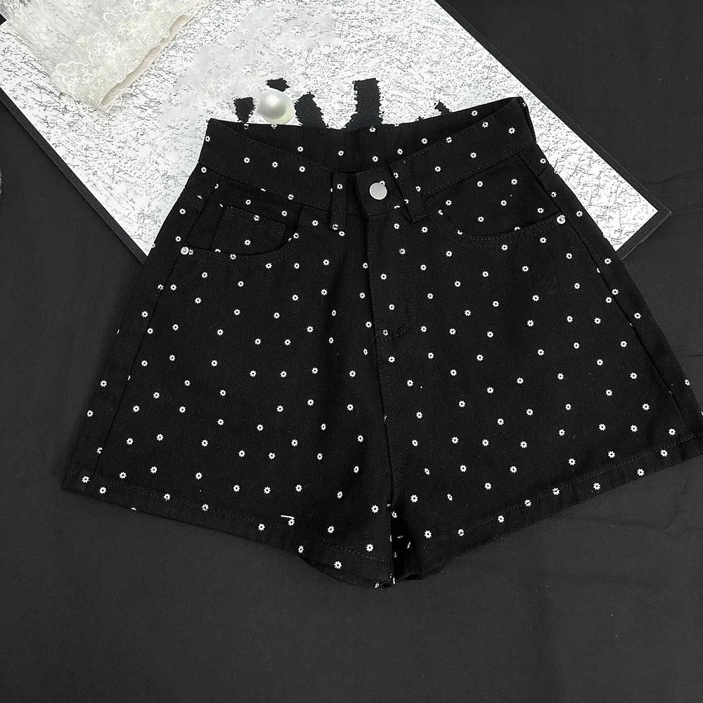 

Black Polka Dot Denim Shorts for Women Summer High Waist Wide Leg A-line Hot Pants Streetwear Female Slim Casual Shorts 2025 New
