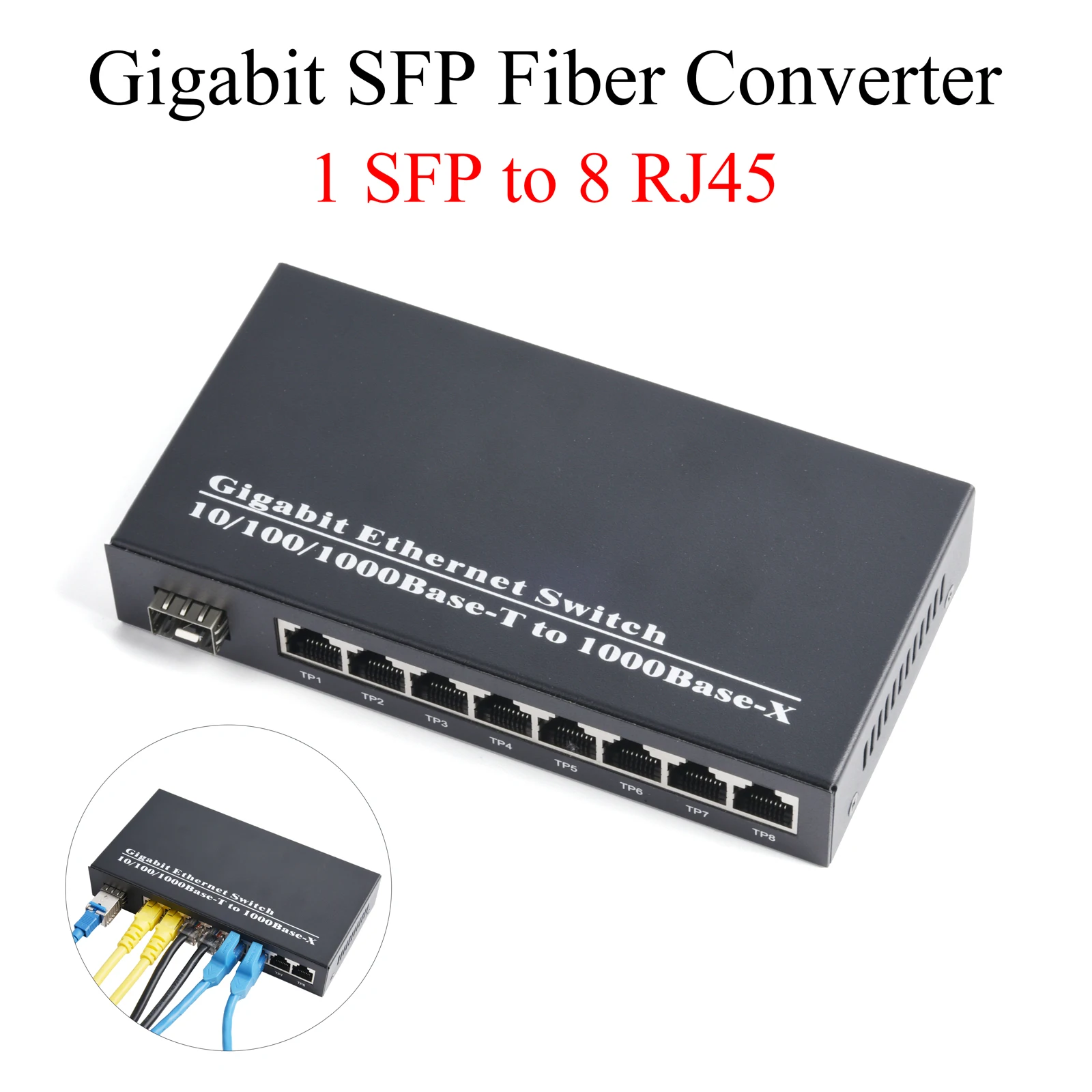 

Gigabit SFP Media Converter 1 SFP to 8 RJ45 Transceiver 10/100/1000M Fiber Optic Switch With 3KM/20KM LC/SC SFP Module