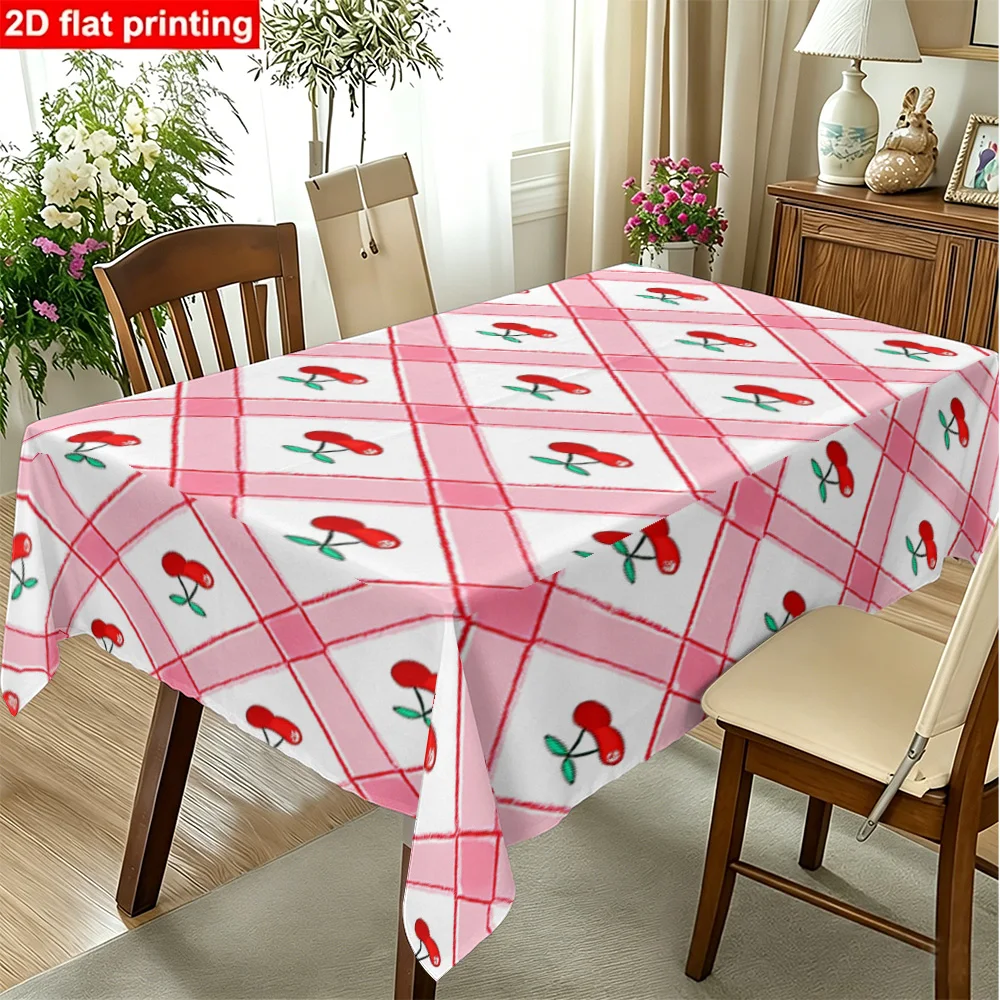 1PC Rectangular tablecloth with cherry pattern on pink plaid background, made of durable fabric for parties, picnics and home ki