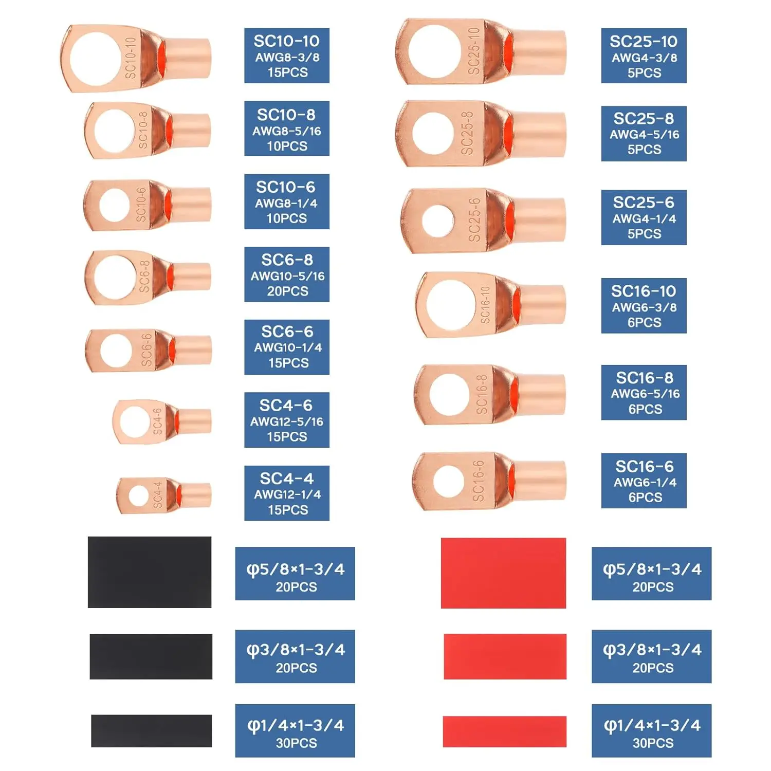 

Copper Tube Terminals AWG 4 AWG 6 AWG 8 AWG 10 Wire Lugs Heavy Duty Battery Cable Ends Wire Connector Heat Shrink Tubing Kit