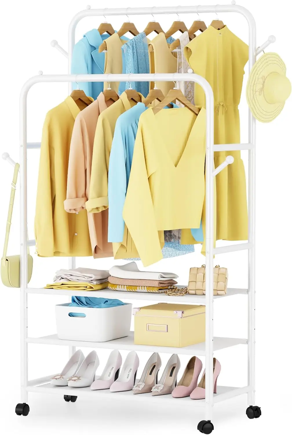 

Portable Rolling Clothes Rack with Double Rods, Wheels, and Adjustable Shelves in White